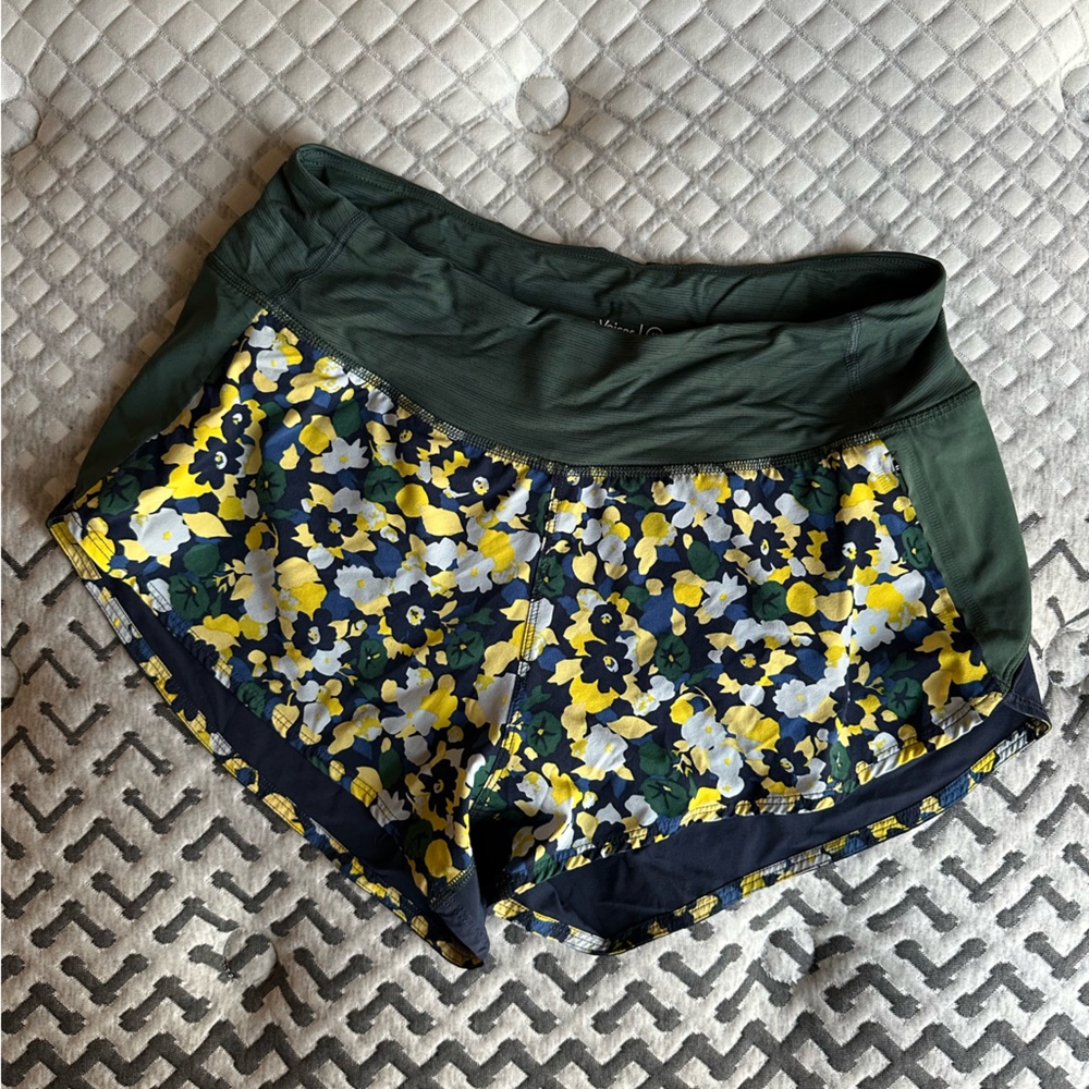 Outdoor Voices Hudson running shorts in green/navy/yellow floral